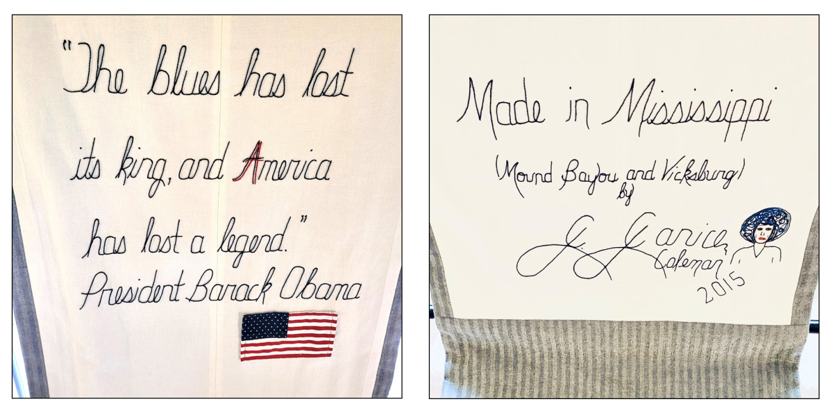 Left: The middle panel on the backside of J. Janice Coleman's B. B. King cotton sack features a quote by President Barack Obama. Right:The bottom panel on the back of the cotton sack features J. Janice's hand stitched signature and self-portrait.