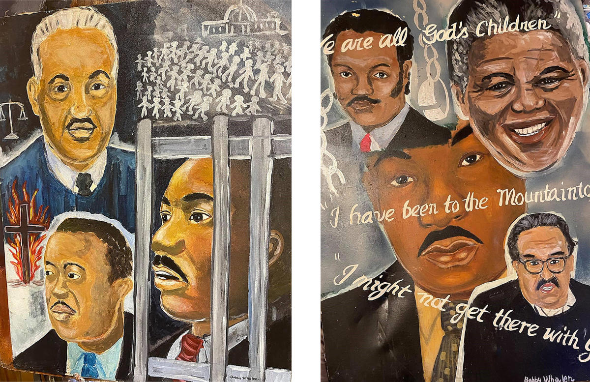 Right: A painting of Thurgood Marshall, Ralph Abernathy, and Dr. Martin Luther King, Jr. by Bobby Whalen.Far right: A painting of Rev. Jesse Jackson, Nelson Mandela, Dr. Martin Luther King, Jr. and Thurgood Marshall by Bobby Whalen. Photos courtesy of the artist.